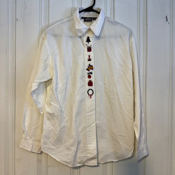 Woolrich Christmas Holiday Embroidered White Button Up Shirt Women's Size Medium - Picture 1 of 5